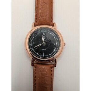 Beautiful BT Quartz Watch 40mm Round Rose Gold Tone Black Dial Tan Strap Tested